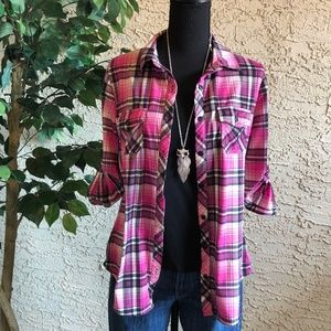 Pink, black, and white plaid flannel shirt